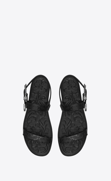Sandal with strap in paisley-embossed leather